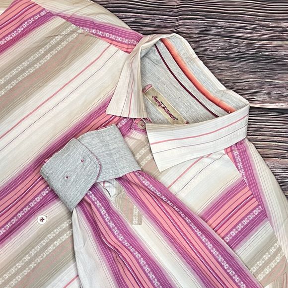 Tommy Bahama Mens‎ Button Up Gray Pink Striped Long Sleeve Silk Blend Shirt XLX - Picture 1 of 9